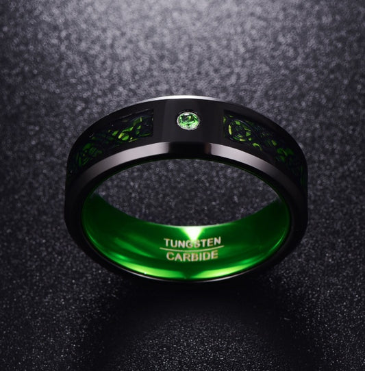 Black tungsten carbide ring with green inlay and gemstone, minimalist luxury jewelry design