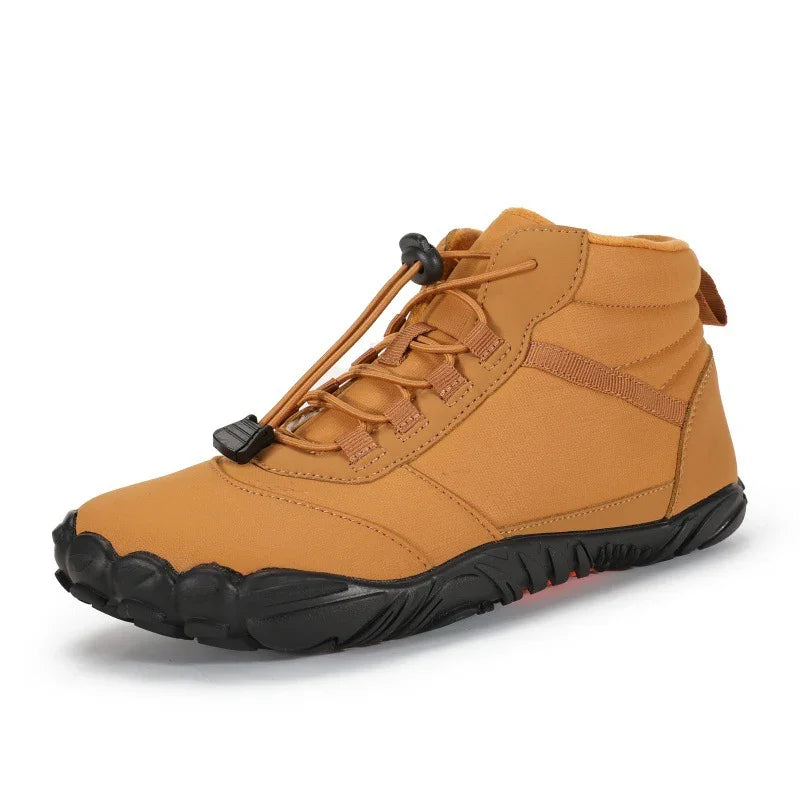 Tan high-top hiking boot with black sole and adjustable laces, minimalist design