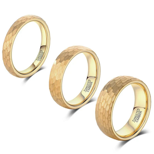 Luxury tungsten carbide rings with hammered gold finish, minimalist design for modern elegance