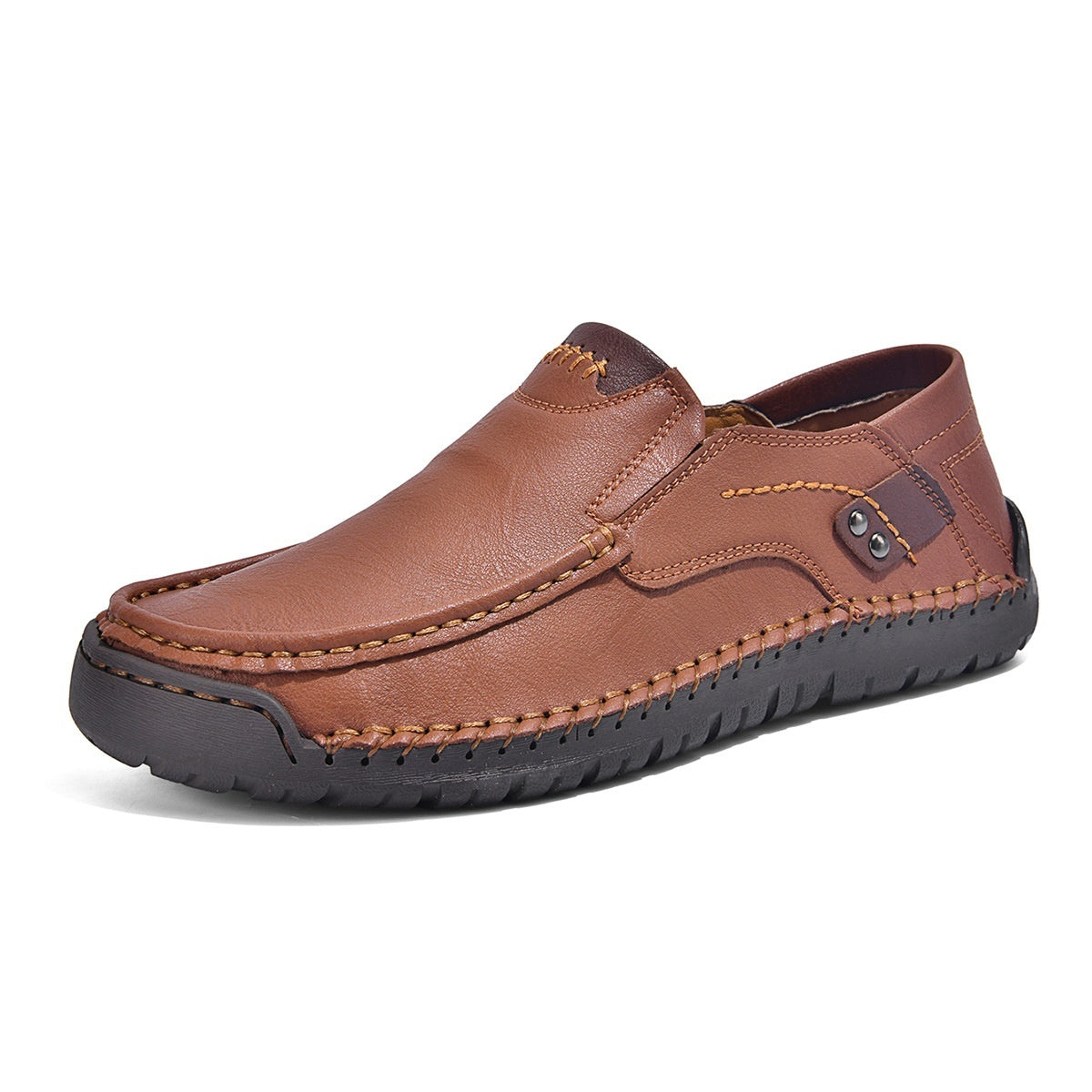 Brown leather slip-on shoe with contrast stitching and rubber sole, minimalist design
