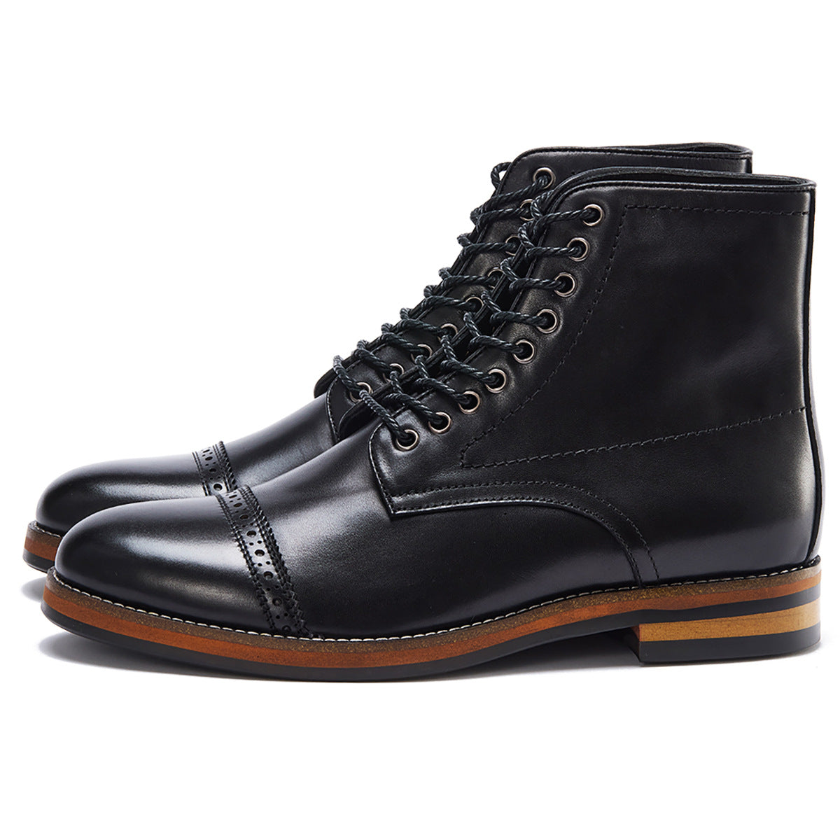 Black leather lace-up boots with cap toe and contrast sole, minimalist luxury footwear