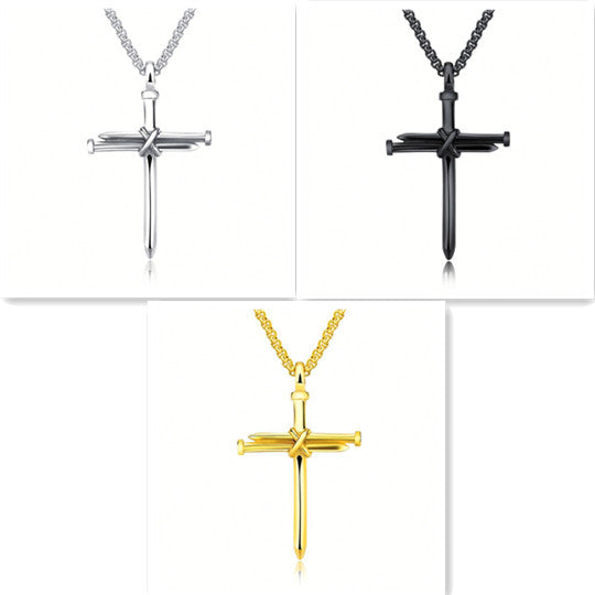Minimalist cross pendant necklace in silver, black, and gold — luxury jewelry with sleek design