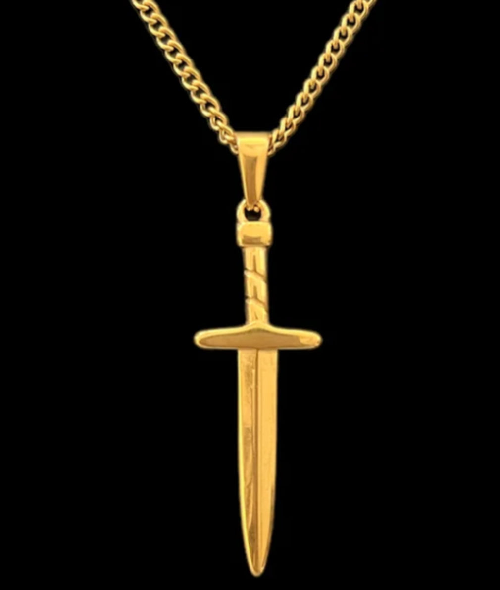 Gold dagger pendant necklace with curb chain, minimalist luxury jewelry design