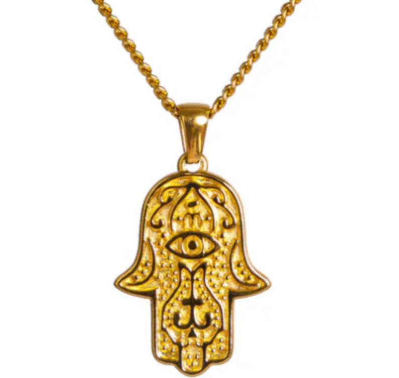 Gold Hamsa hand pendant necklace with eye detail, luxury jewelry design