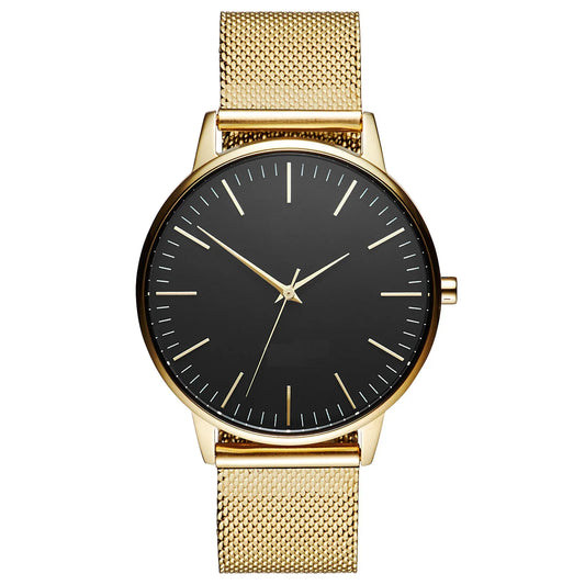 Gold mesh strap watch with black dial, minimalist design, luxury timepiece