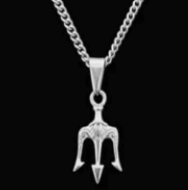 Silver trident pendant necklace with detailed engraving on chain, minimalist luxury jewelry design