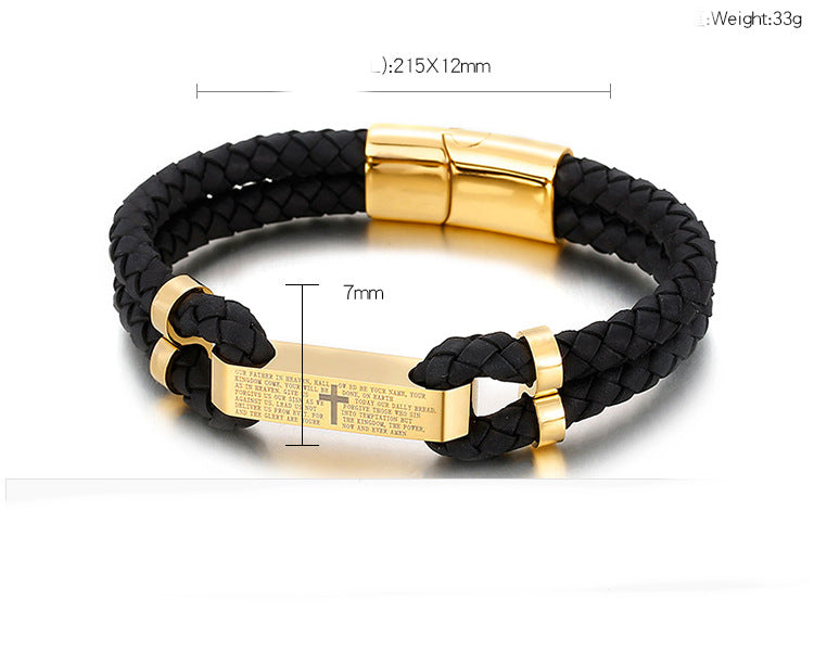 Black braided leather bracelet with gold-tone clasp and engraved plate, minimalist luxury accessory