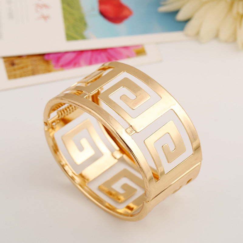 Gold Greek key pattern bangle bracelet, minimalist luxury jewelry design