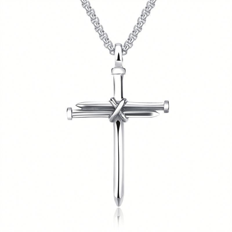 Minimalist silver cross pendant with nail design, luxury men's jewelry on chain