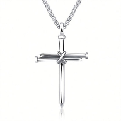 Minimalist silver cross pendant with nail design, luxury men's jewelry on chain