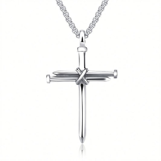 Minimalist silver cross pendant with nail design, luxury men's jewelry on chain