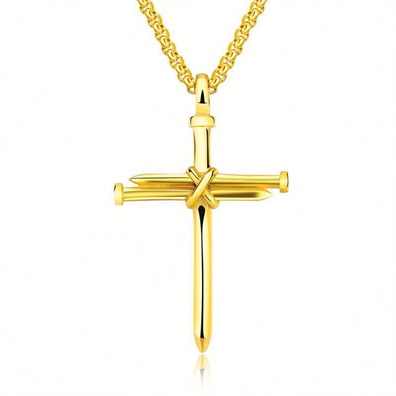 Gold cross pendant necklace with sword design, luxury minimalist jewelry