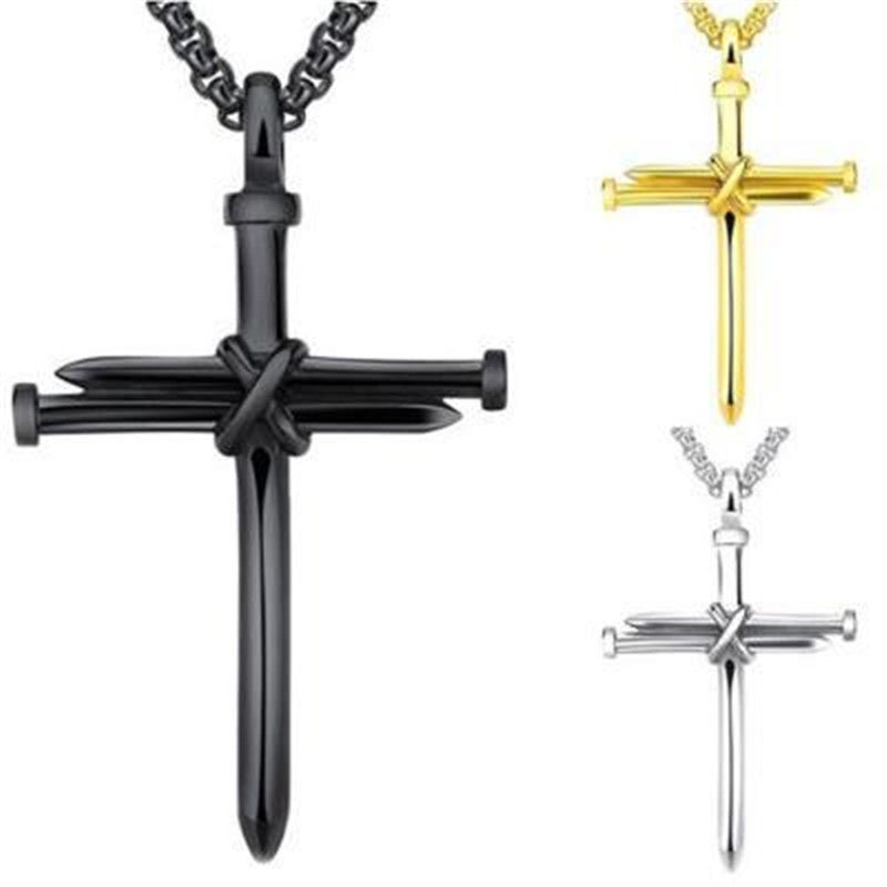 Minimalist sword cross pendant necklaces in black, gold, and silver — luxury jewelry design