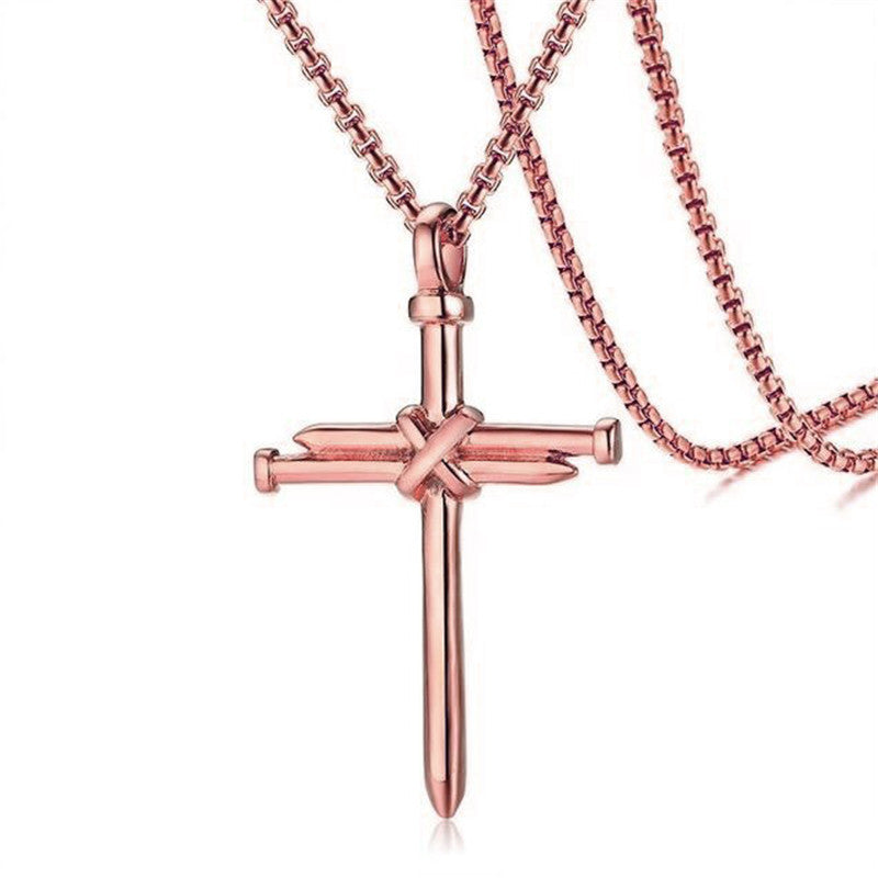 Rose gold cross pendant necklace with nail design, minimalist luxury jewelry