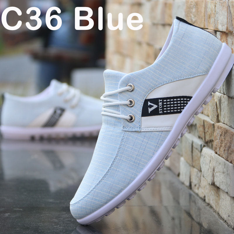 C36 Blue lightweight sneaker with white laces, textured fabric, and purple sole, leaning on stone wall