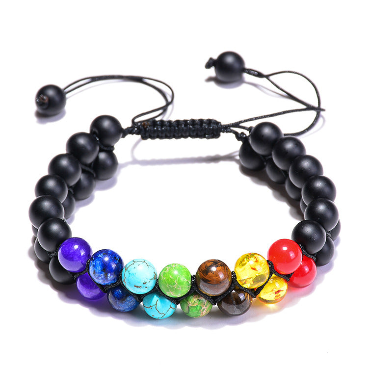Adjustable chakra bracelet with rainbow gemstone beads and black matte beads, minimalist spiritual jewelry