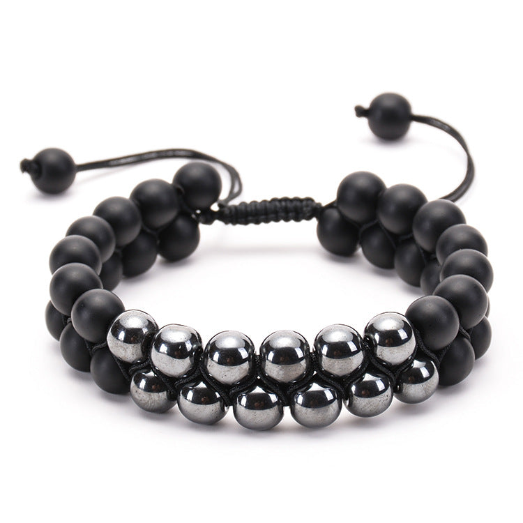 Black matte and metallic bead bracelet with adjustable cord, minimalist luxury jewelry design