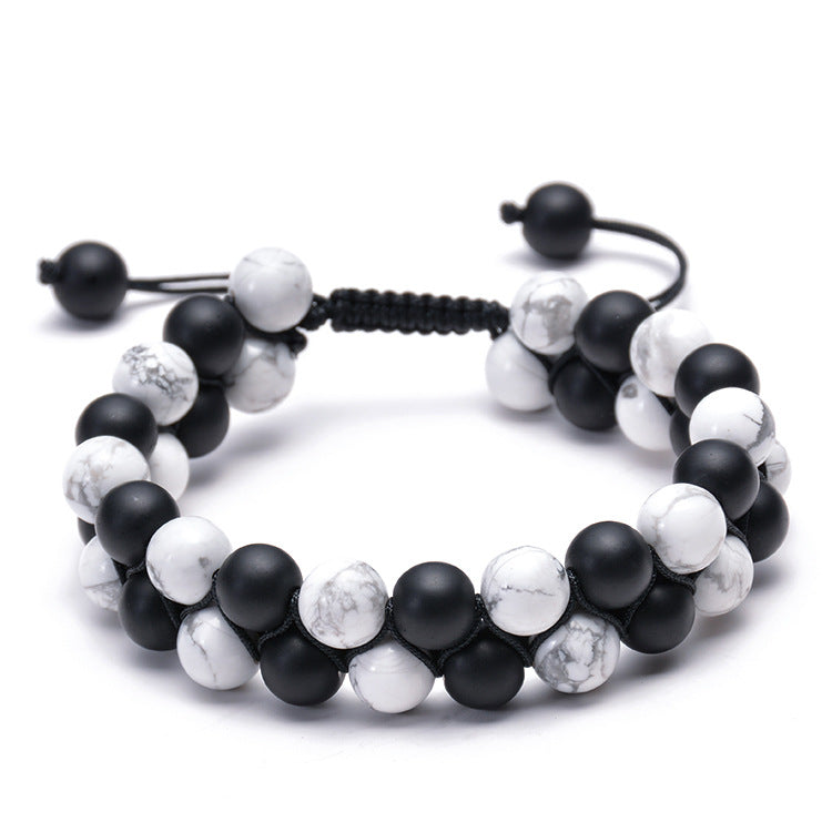 Black and white marble bead bracelet with adjustable cord, minimalist luxury jewelry design