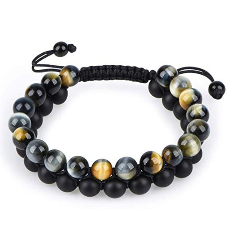 Tiger eye and black bead bracelet with adjustable macrame cord, minimalist luxury jewelry design