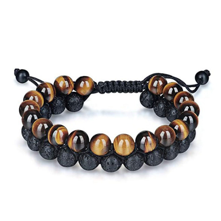 Tiger eye and black lava stone beaded bracelet with adjustable cord, minimalist luxury jewelry design
