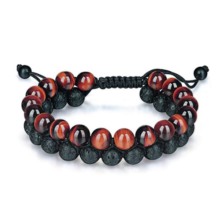 Tiger's eye and black lava stone beaded bracelet with adjustable cord, minimalist luxury jewelry design