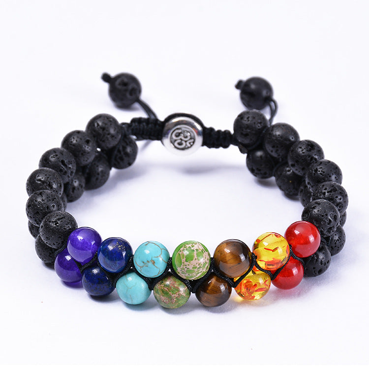 Chakra stone bracelet with lava beads and colorful gemstones, adjustable cord, spiritual energy design