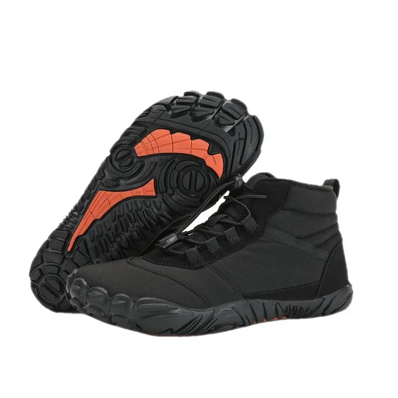 Black high-top minimalist sneakers with orange sole accents, handcrafted premium footwear