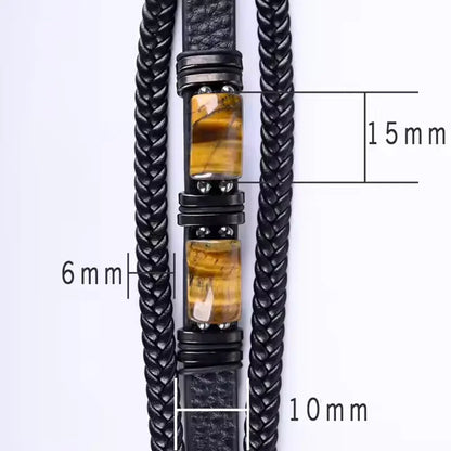 Black braided leather bracelet with tiger eye stone, 6mm & 15mm dimensions, minimalist luxury design
