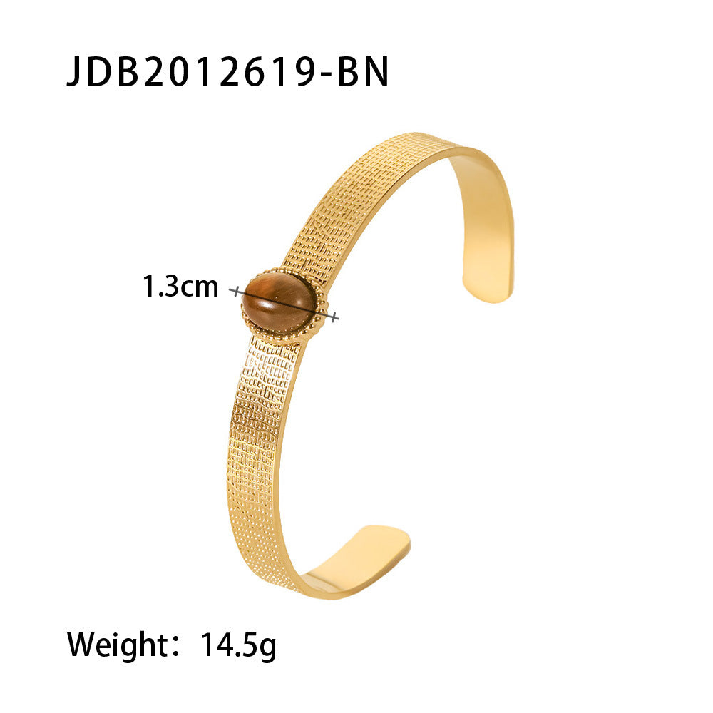 Gold mesh cuff bracelet with brown stone, 1.3cm wide, 14.5g weight — minimalist luxury jewelry design