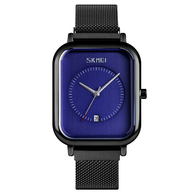 Blue dial watch with black mesh strap, minimalist design