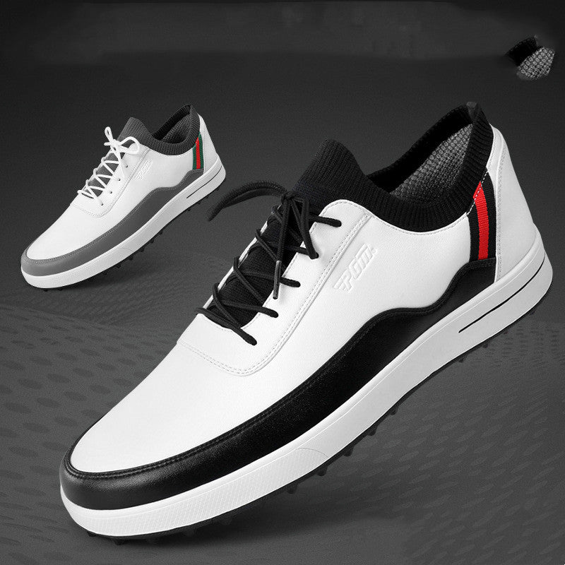 White and black luxury golf shoes with red accent, minimalist design, premium handcrafted footwear