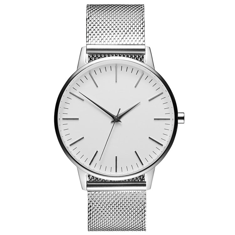 Minimalist silver watch with mesh band and clean white dial, luxury timepiece design