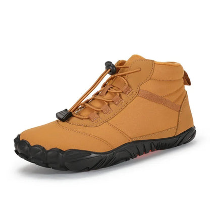 Tan high-top hiking boot with black sole and adjustable laces, minimalist design