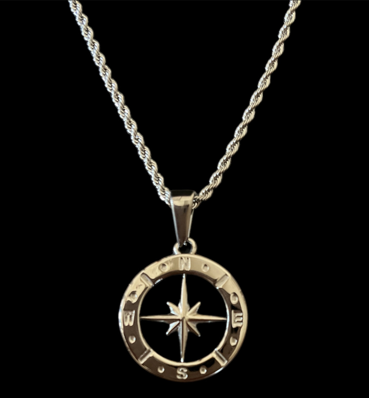Gold compass pendant necklace with rope chain, minimalist luxury jewelry design