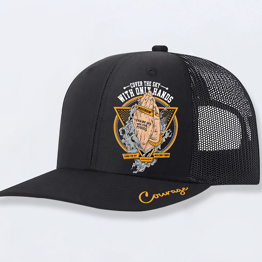 Black trucker hat with 'Cover the Sky With Only Hands' graphic and 'Courage' script on brim
