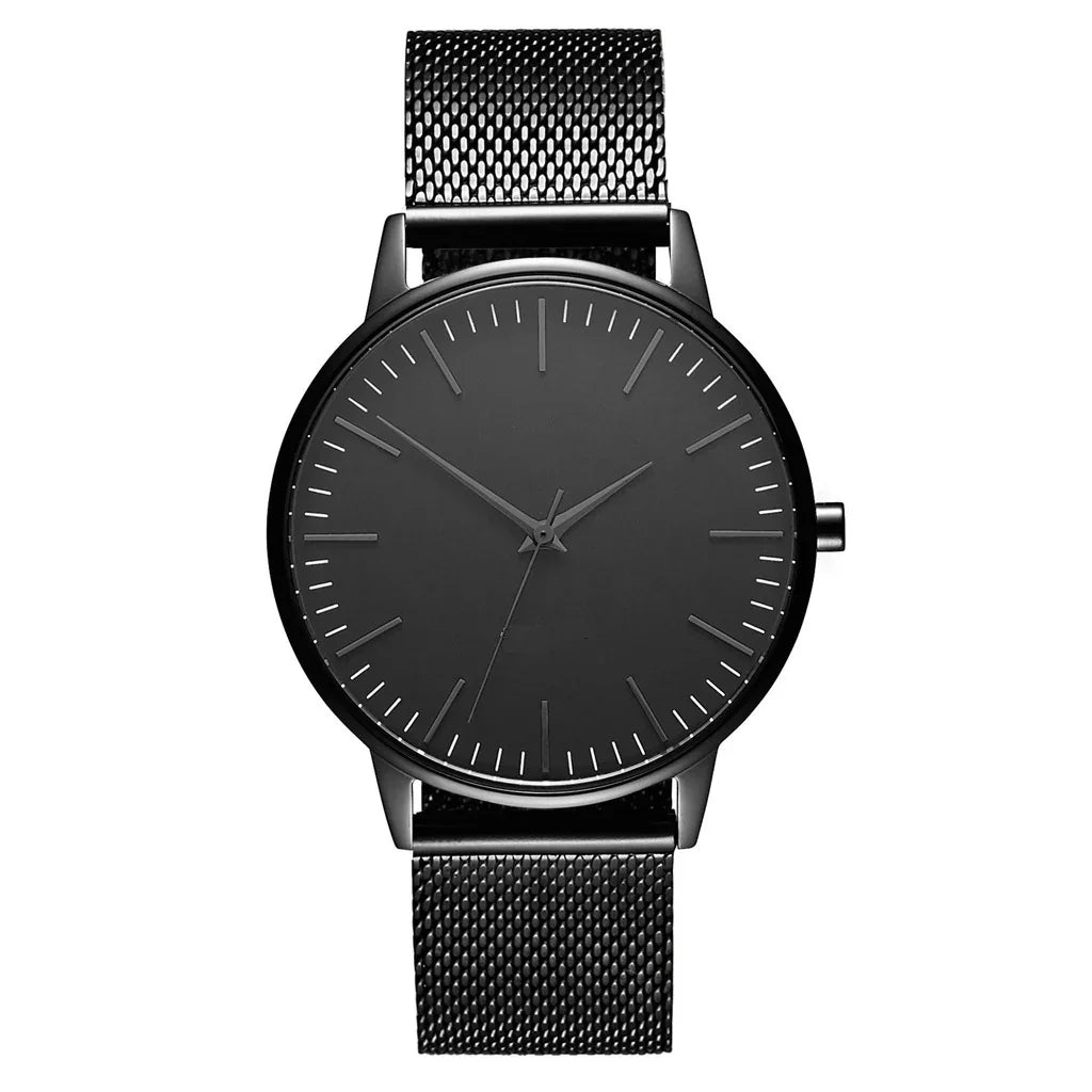 Minimalist black watch with mesh strap, sleek design for modern style