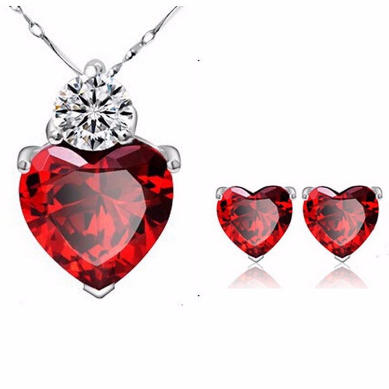 Red heart pendant necklace and matching stud earrings with clear crystal accent, luxury jewelry set