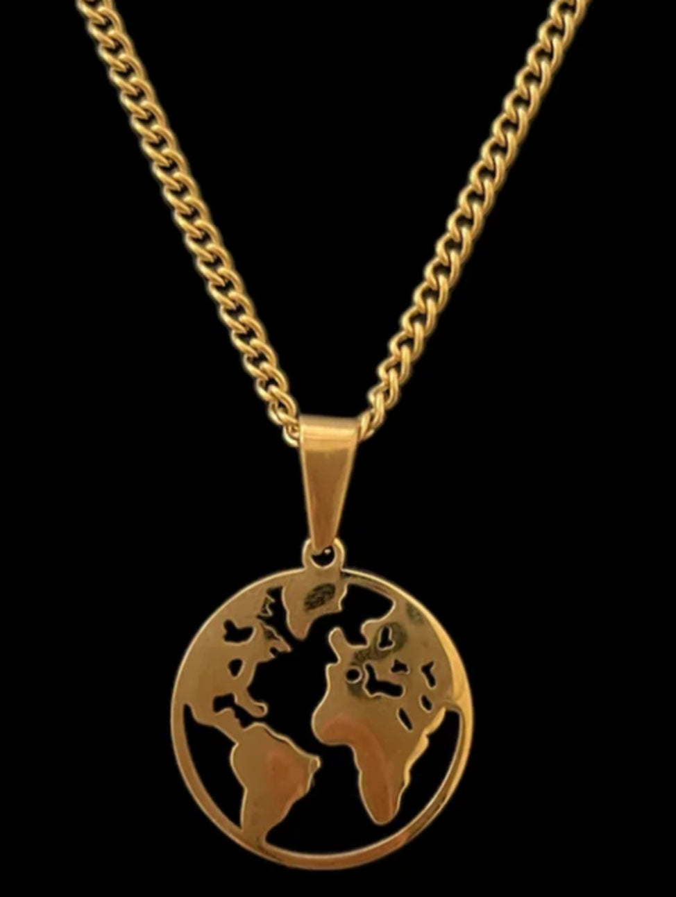 Gold world map pendant necklace with curb chain, minimalist luxury jewelry design