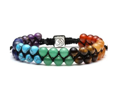 Colorful beaded bracelet with Om charm, featuring turquoise, green, and tiger eye stones on black cord