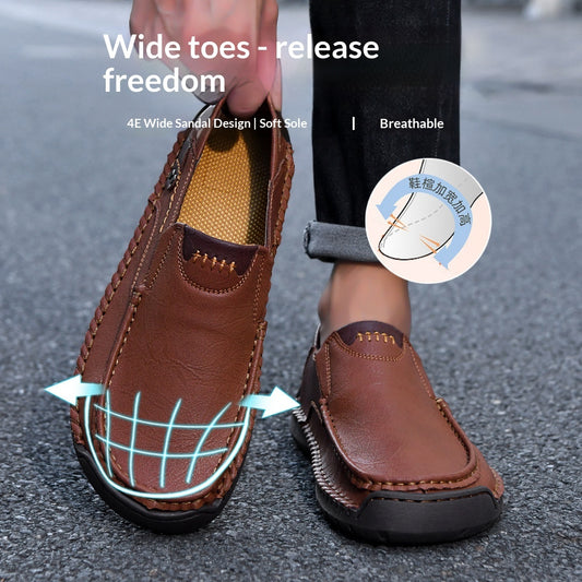 Brown leather wide-toe loafer with soft sole, breathable design, and 4E sandal fit for comfort