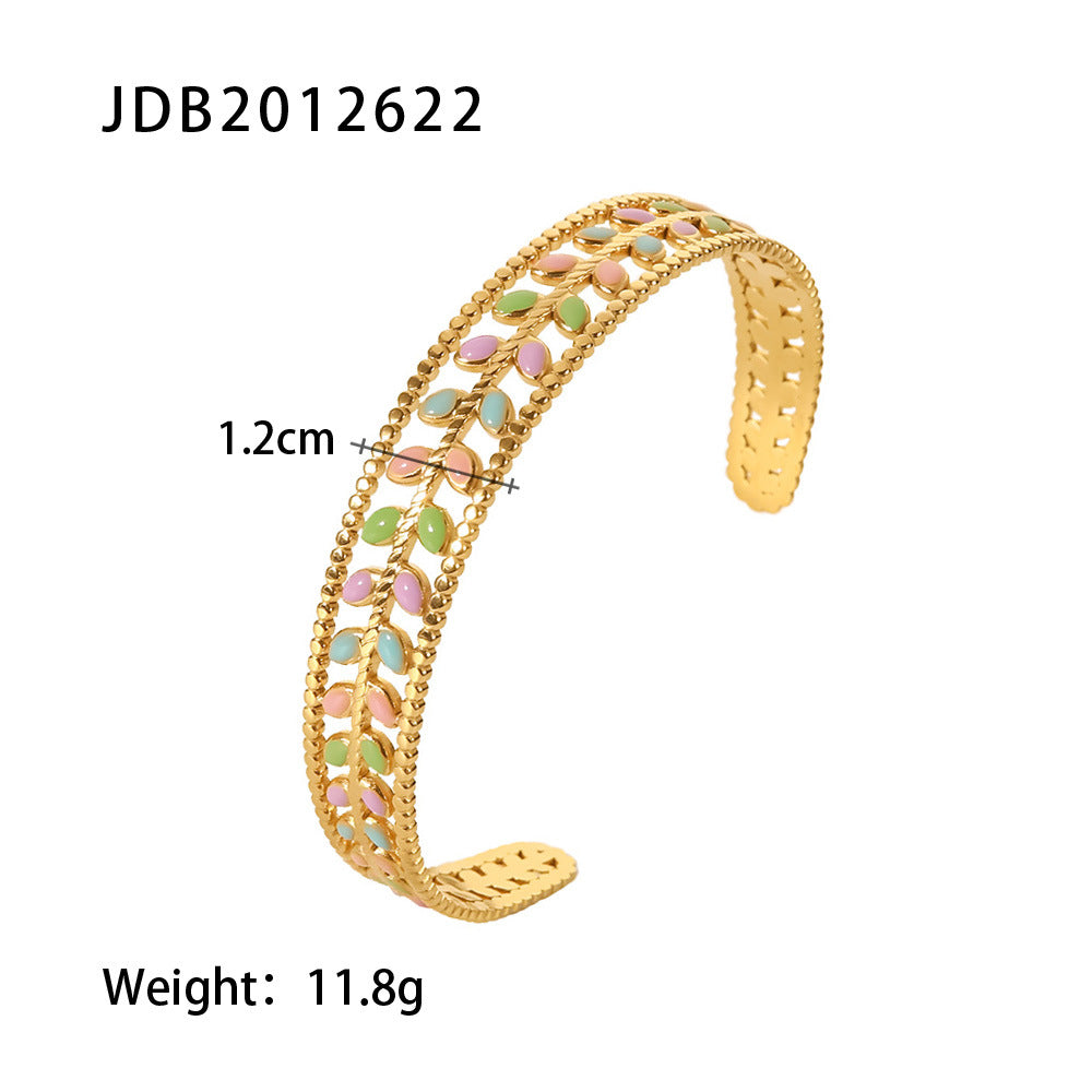 Gold cuff bracelet with pastel enamel stones, 1.2cm width, 11.8g weight — minimalist luxury jewelry