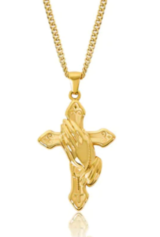 Gold cross pendant with praying hands, luxury minimalist jewelry on chain