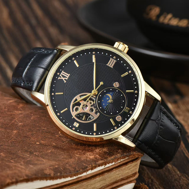 Men's Automatic Mechanical Watch Genuine Leather Strap Waterproof Round Dial Fashion Wristwatch