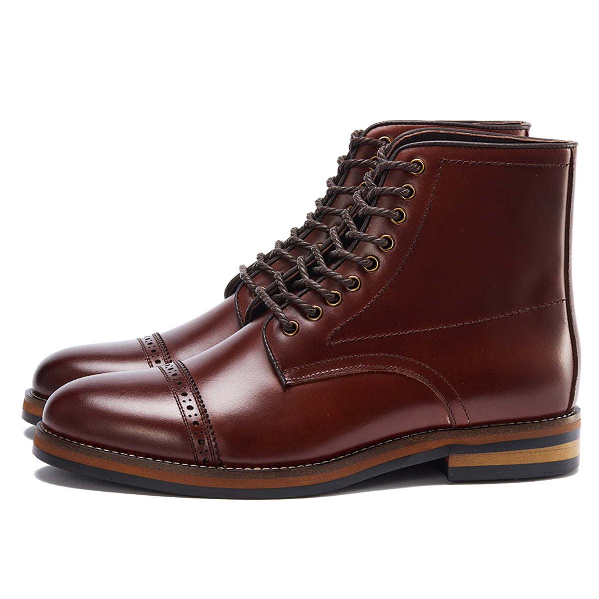 Rich brown leather cap-toe boots with brogue detailing and lace-up design, minimalist luxury footwear