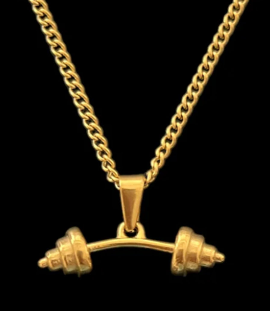 Gold dumbbell pendant necklace, luxury minimalist jewelry on black background