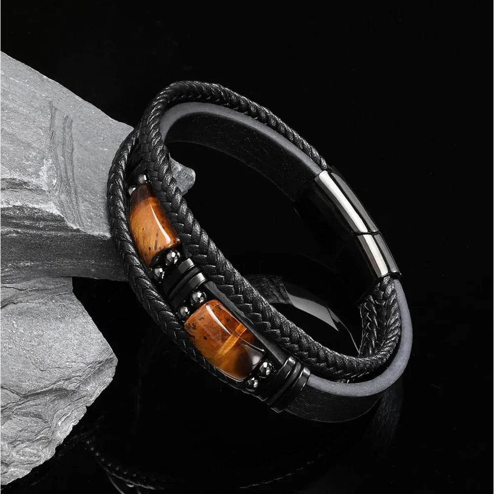 Black braided leather bracelet with tiger eye stones and magnetic clasp, luxury men's jewelry