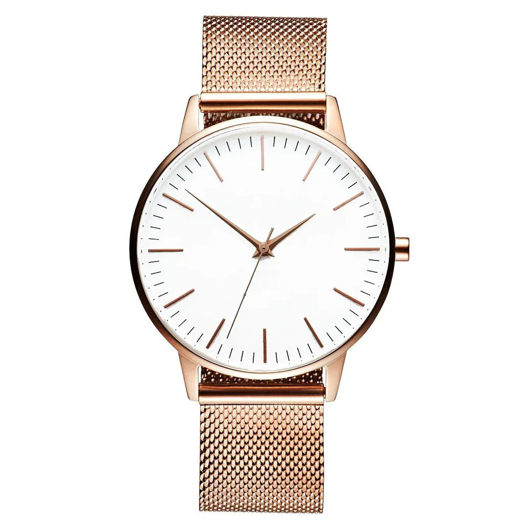 Rose gold minimalist watch with mesh strap and white dial, luxury timepiece design