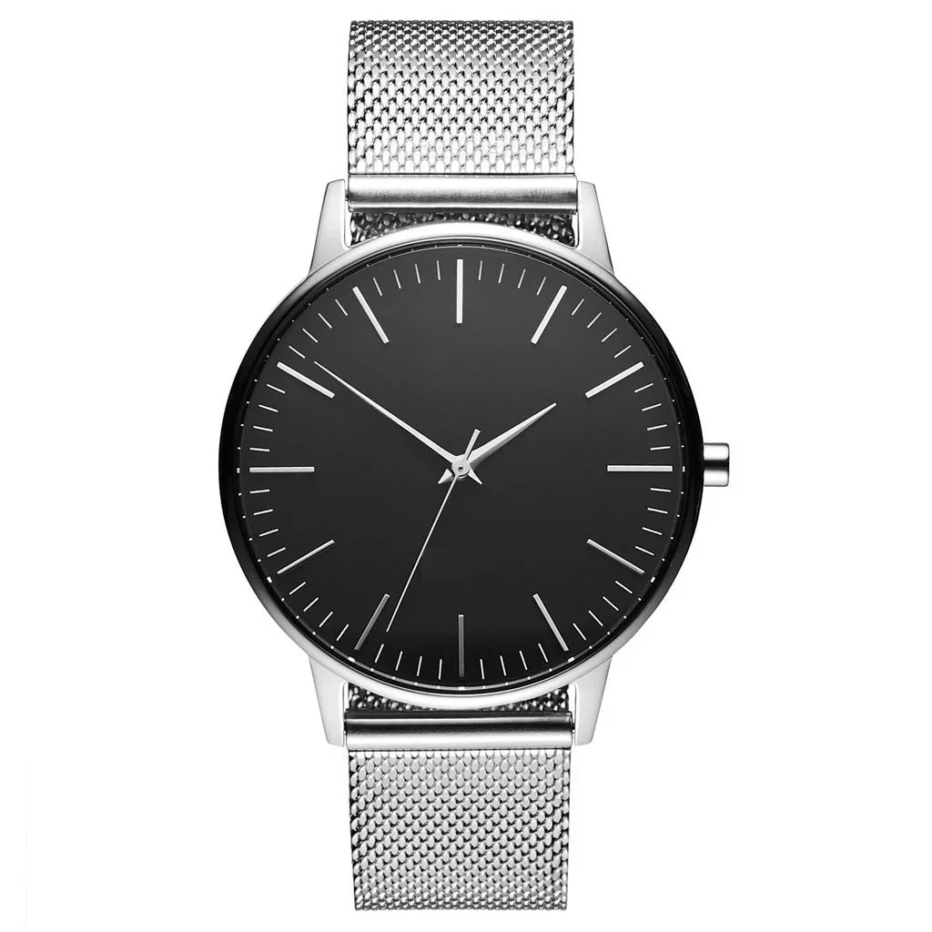 Minimalist black dial watch with silver mesh strap, sleek luxury timepiece