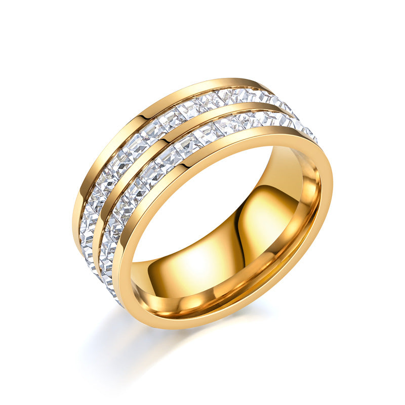 Luxury gold ring with triple diamond rows, minimalist design, premium craftsmanship