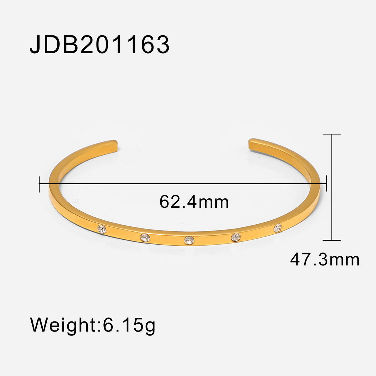 Gold cuff bracelet with five clear stones, minimalist luxury jewelry, 62.4mm x 47.3mm, 6.15g